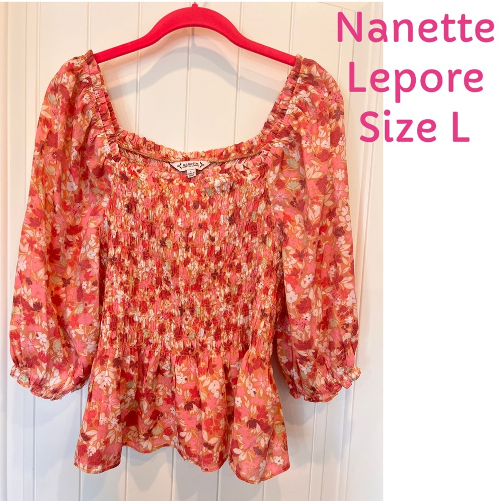 Nanette Lepore Pink Puff Sleeve Smocked Peplum Blouse Size L